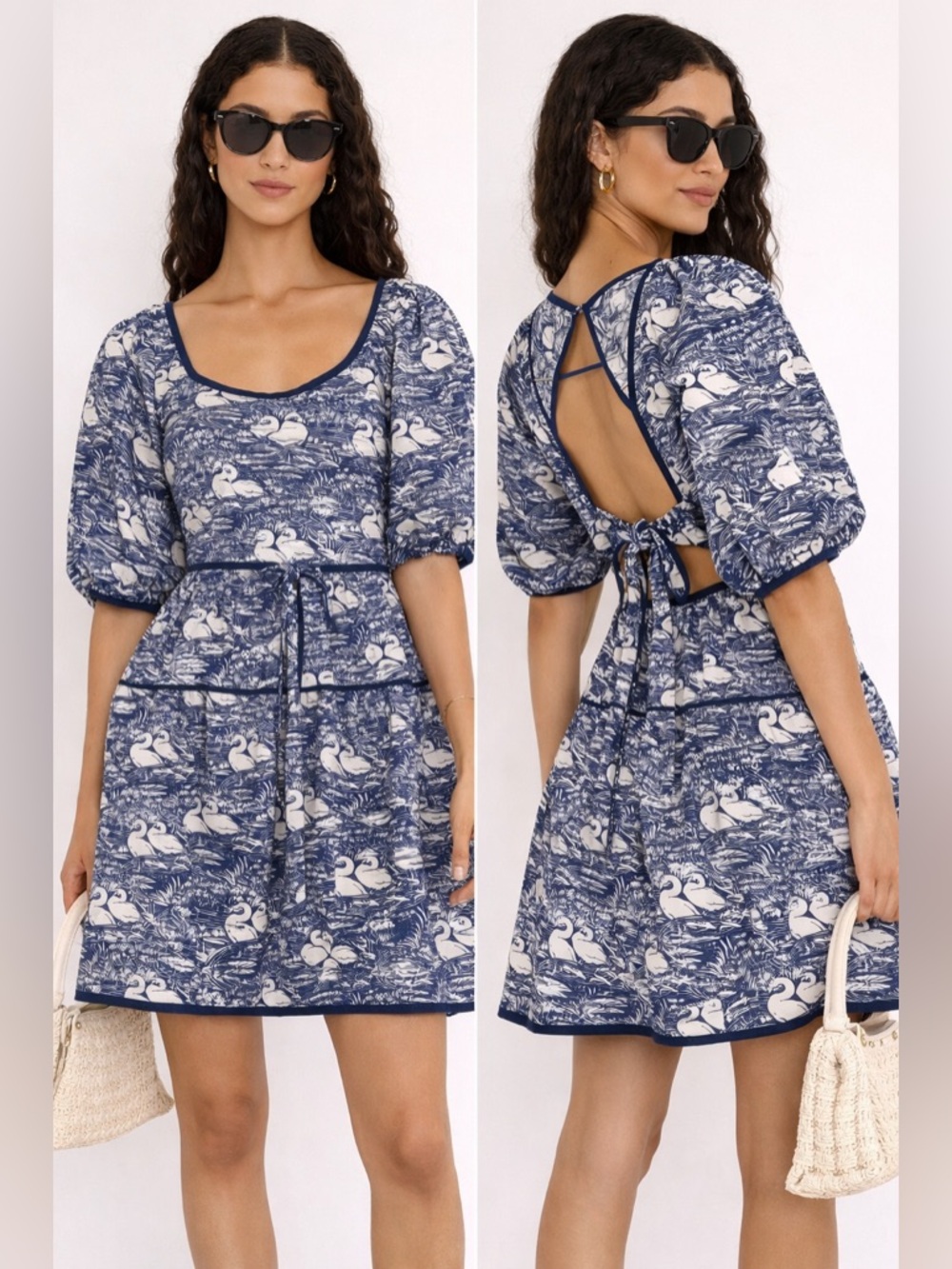 Laura Ashley Urban Outfitters Swan Print Mini Dress XS Blue 
 Puff Sleeve Dress